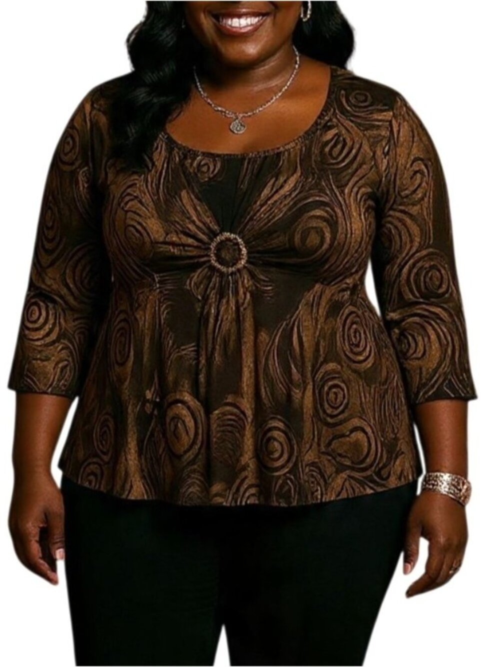 Nicola Woman Size 1X Top Brown Black Abstract Pattern Buckle Detail 3/4 Sleeves